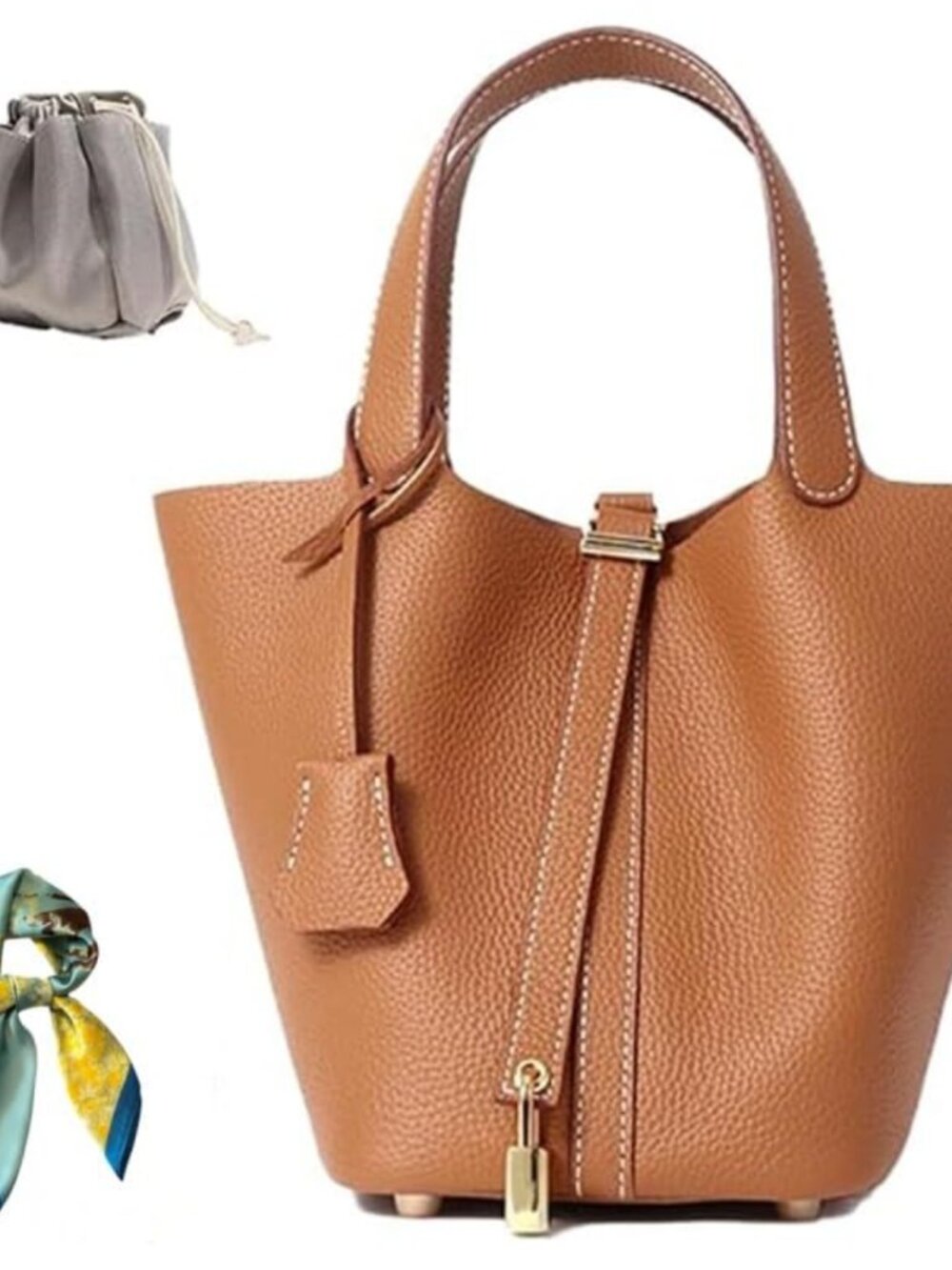 Genuine Leather Bucket Bag Lock Design Shoulder Handbag Top-Handle Tote